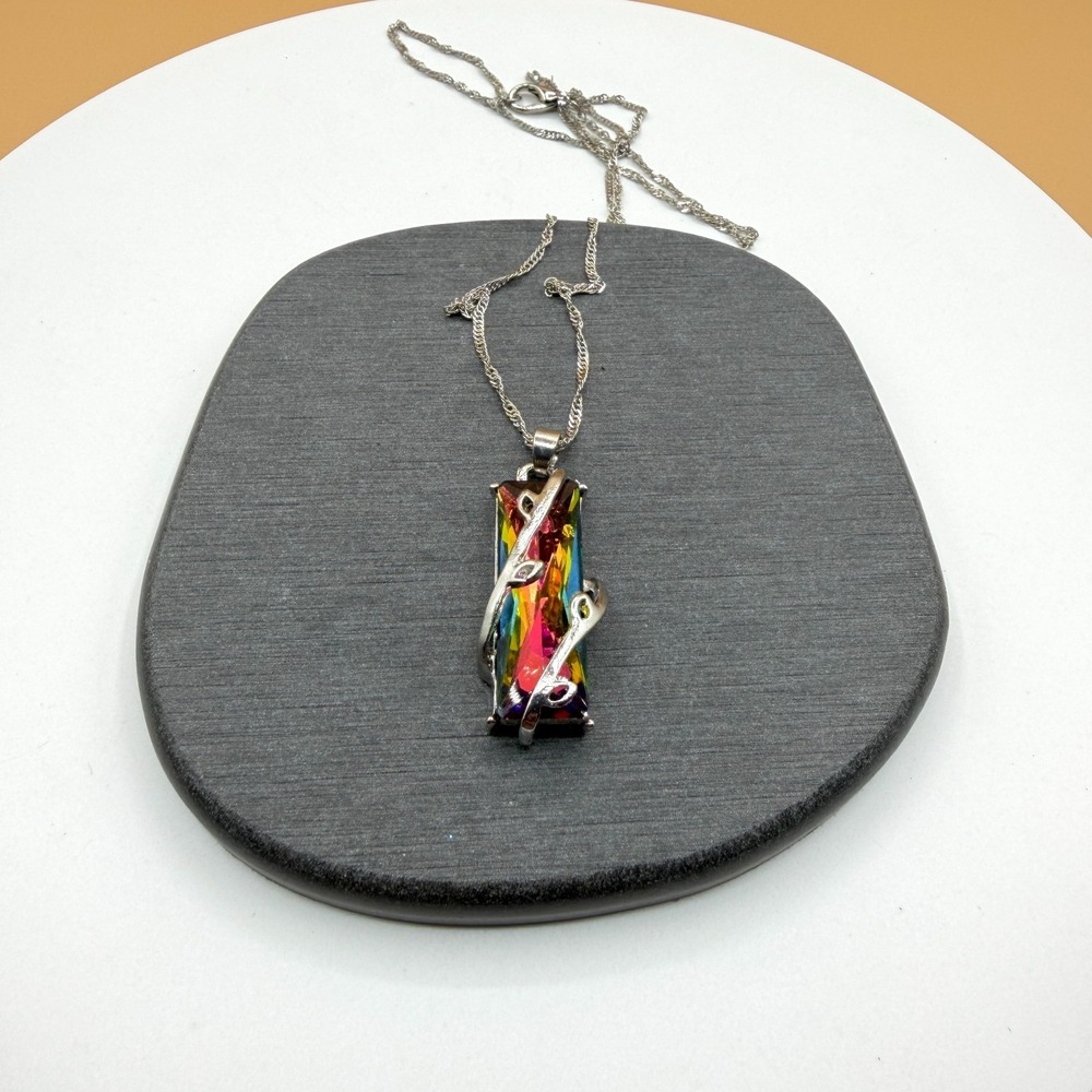 Rainbow Crystal Bar Pendant Necklace Silver Tone Vine Wrap Statement Jewelry